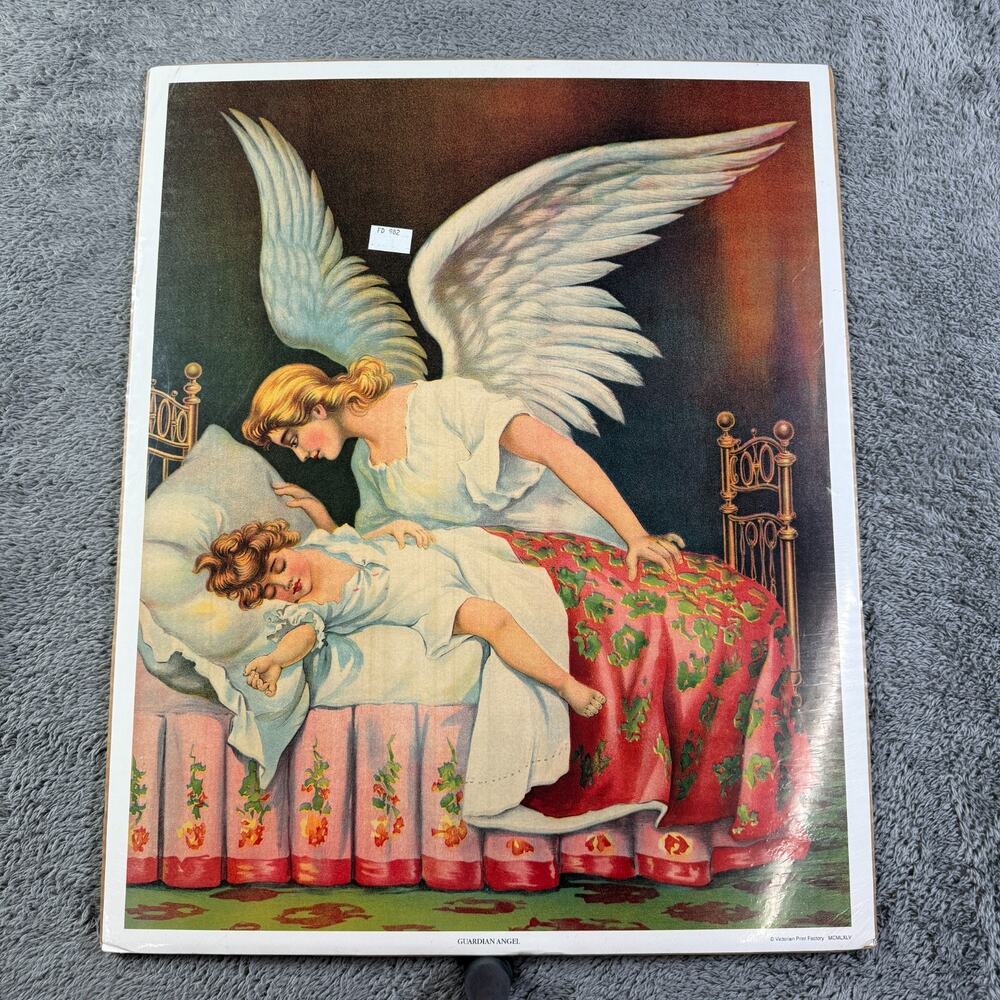 Guardian Angel Victorian Print Factory SEALED 21x17 1965 Vintage Angels Whisper
